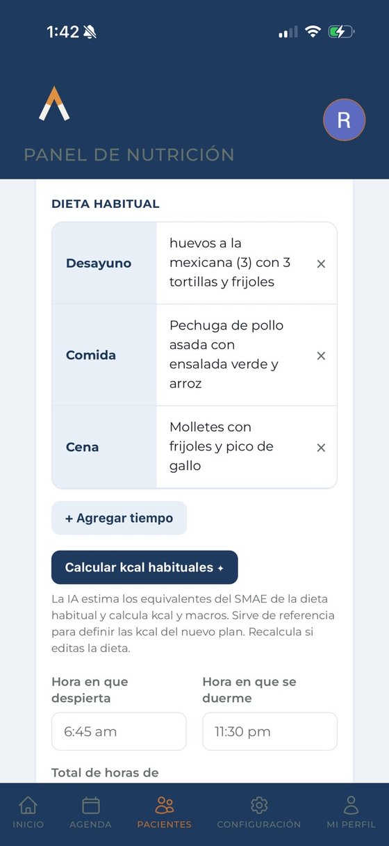 Captura de la dieta habitual del paciente en Aretia